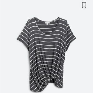 Striped scoop knot t-shirt from Nine Britton. Size 1x, grey and white.